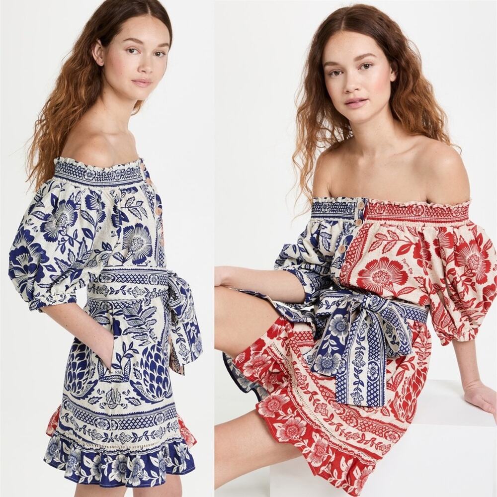 FARM Rio Off-Shoulder Floral Mini Dress - Cream and Navy